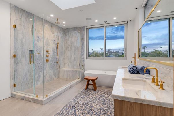Bathroom, Glass Shower, Interior, Marble Walls, Recessed Lighting