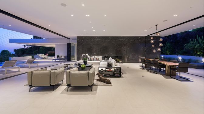 Dining room, Interior, Living room, Marble Walls, Pendant Lights, Recessed Lighting