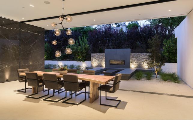 Fireplace, Interior, Marble Walls, Pendant Lights, Recessed Lighting