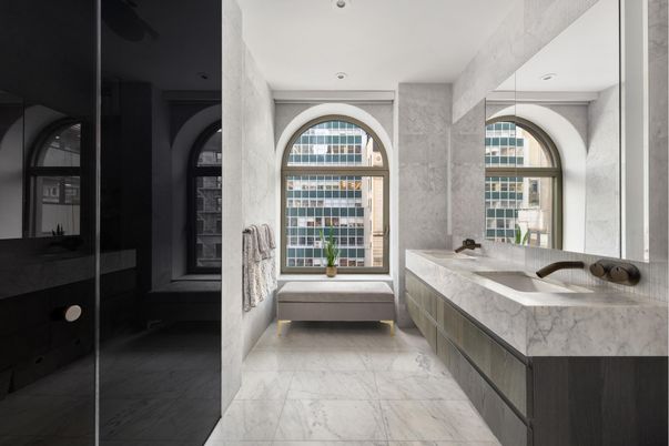 Bathroom, Dual Sink Vanities, Interior, Marble, Recessed Lighting
