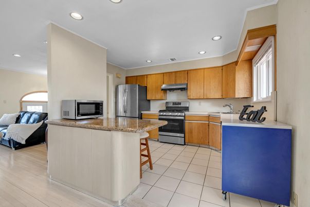 Interior, Kitchen, Recessed Lighting, Stainless Steel Appliances, Wood Texture Flooring