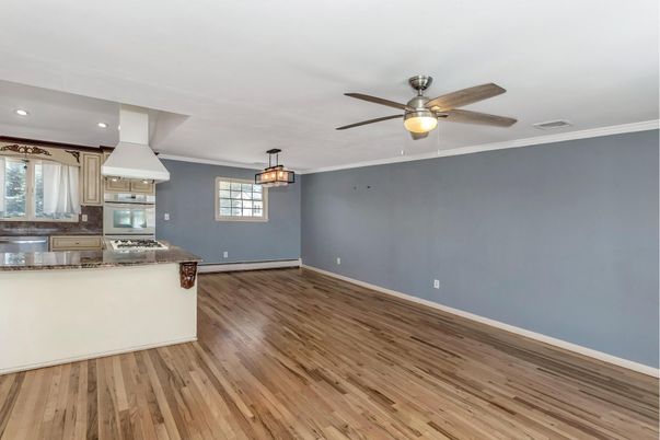 Empty room, Interior, Kitchen, Pendant Lights, Recessed Lighting, Wood Texture Flooring