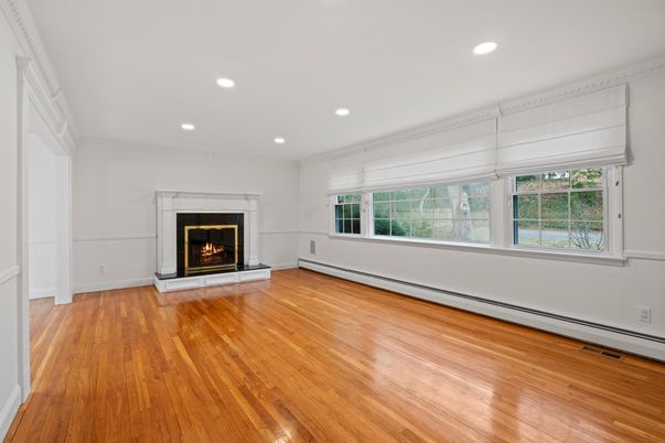 Empty room, Fireplace, Interior, Recessed Lighting, Wood Texture Flooring