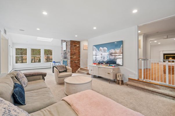 Fireplace, Interior, Living room, Recessed Lighting, Stone Walls