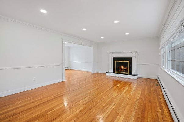 Empty room, Fireplace, Interior, Recessed Lighting, Wood Texture Flooring
