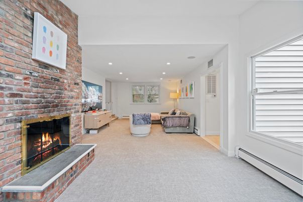 Fireplace, Interior, Living room, Recessed Lighting, Stone Walls