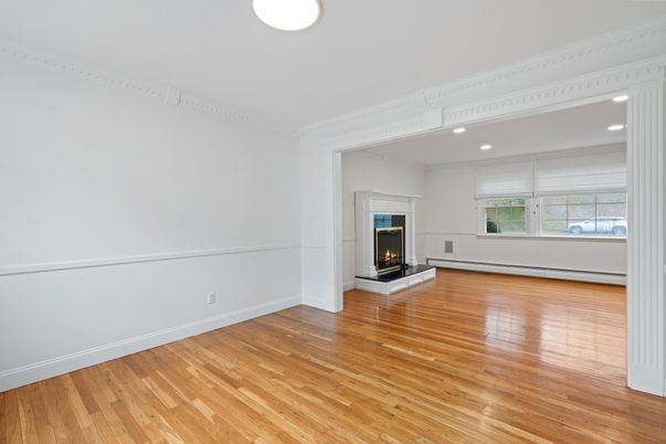 Empty room, Fireplace, Interior, Recessed Lighting, Wood Texture Flooring
