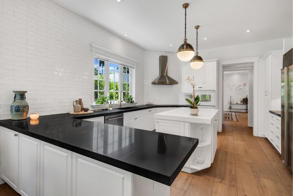 Interior, Kitchen, Pendant Lights, Recessed Lighting, Stainless Steel Appliances, Wood Texture Flooring