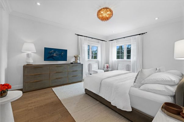 Bedroom, Chandelier, Interior, Recessed Lighting, Wood Texture Flooring