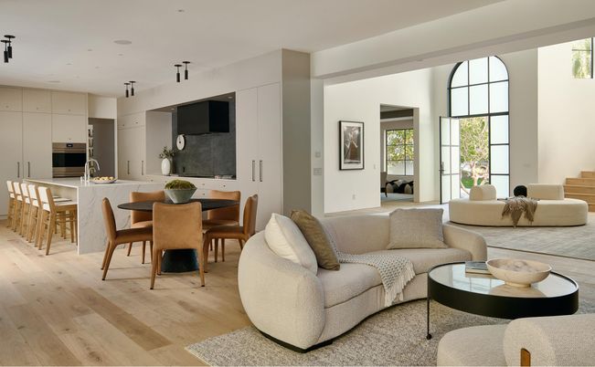 Dining room, Interior, Kitchen, Living room, Recessed Lighting, Stainless Steel Appliances, Wood Texture Flooring