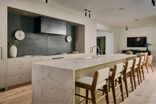 Interior, Kitchen, Marble Walls, Recessed Lighting, Stainless Steel Appliances, Wood Texture Flooring