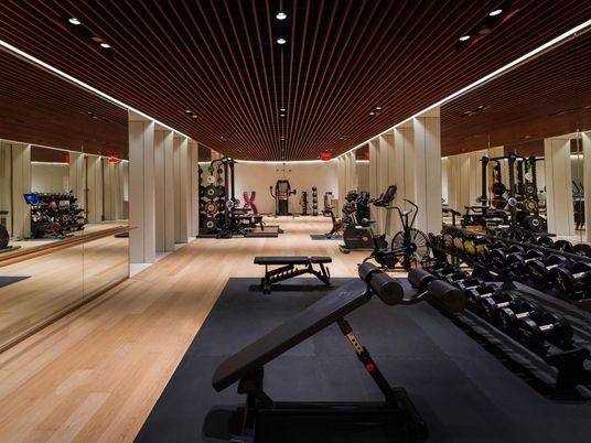 Fitness Equipment, Gym, Interior, Recessed Lighting, Wood Texture Flooring
