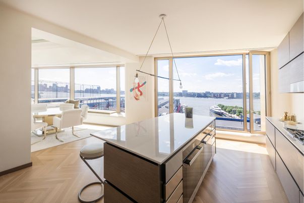 Dining room, Interior, Kitchen, Pendant Lights, Water, Wood Texture Flooring
