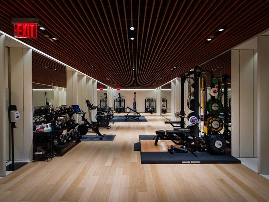 Fitness Equipment, Gym, Interior, Recessed Lighting, Wood Texture Flooring