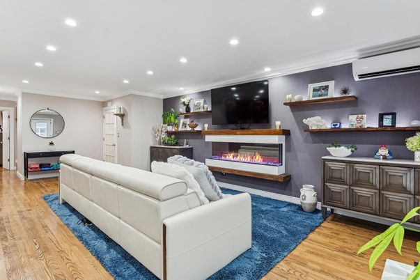 Fireplace, Interior, Living room, Recessed Lighting, Wood Texture Flooring
