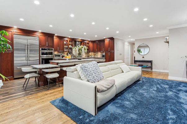 Interior, Kitchen, Living room, Recessed Lighting, Stainless Steel Appliances, Wood Texture Flooring