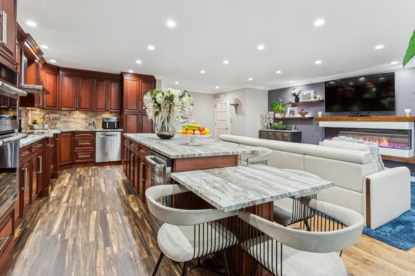 Fireplace, Interior, Kitchen, Living room, Recessed Lighting, Stainless Steel Appliances, Wood Texture Flooring
