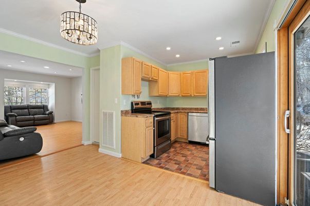 Interior, Kitchen, Living room, Recessed Lighting, Wood Texture Flooring