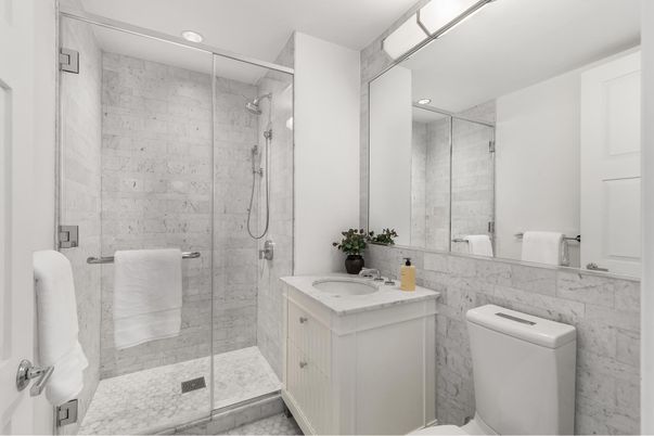 Bathroom, Glass Shower, Interior, Marble Walls, Recessed Lighting