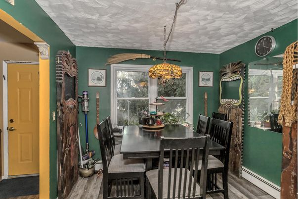 Dining room, Interior, Pendant Lights, Wood Texture Flooring