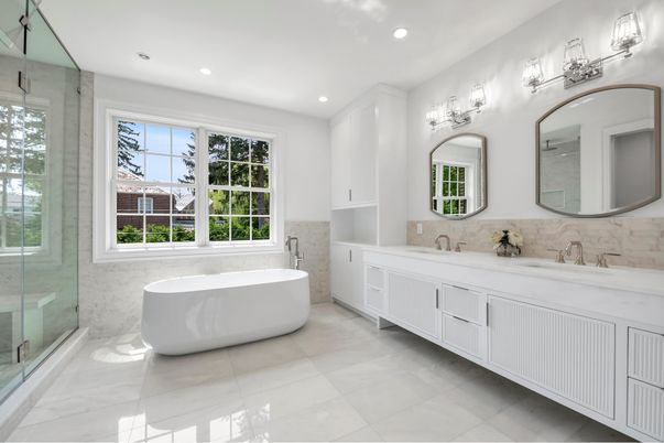 Bathroom, Dual Sink Vanities, Free Standing Baths, Glass Shower, Interior, Recessed Lighting