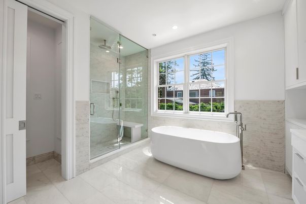 Bathroom, Free Standing Baths, Glass Shower, Interior, Marble Walls, Recessed Lighting
