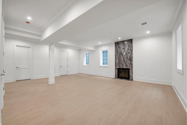 Empty room, Fireplace, Interior, Recessed Lighting, Wood Texture Flooring