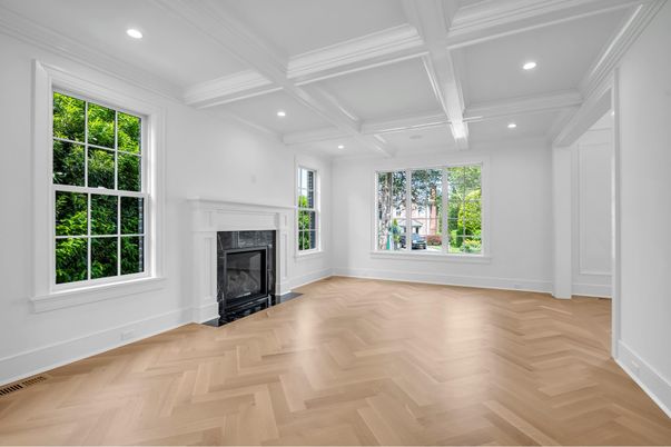 Empty room, Fireplace, Interior, Recessed Lighting, Wood Texture Flooring