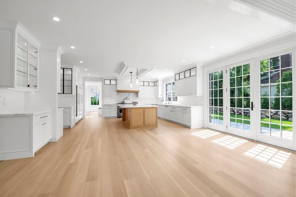Interior, Kitchen, Marble Walls, Pendant Lights, Recessed Lighting, Wood Texture Flooring