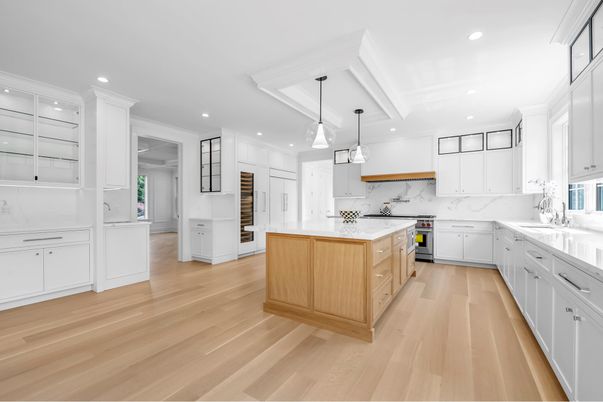 Interior, Kitchen, Marble Walls, Pendant Lights, Recessed Lighting, Wood Texture Flooring