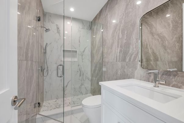 Bathroom, Glass Shower, Interior, Marble, Marble Walls, Recessed Lighting