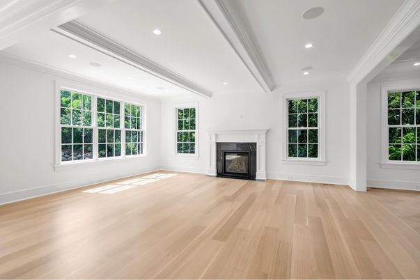 Empty room, Fireplace, Interior, Recessed Lighting, Wood Texture Flooring