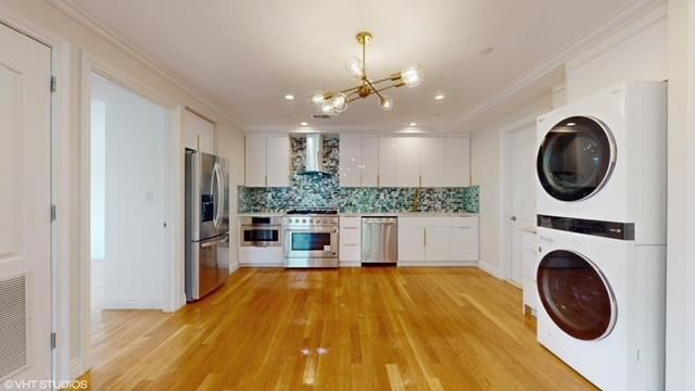 Interior, Kitchen, Pendant Lights, Recessed Lighting, Stainless Steel Appliances, Washer, Wood Texture Flooring