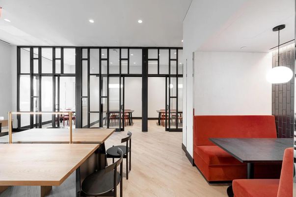 Dining room, Interior, Pendant Lights, Recessed Lighting, Wood Texture Flooring