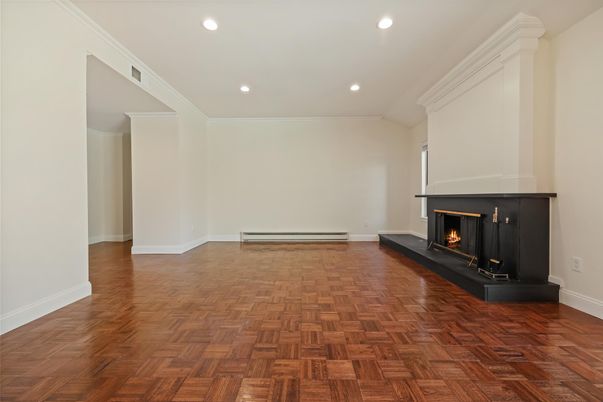 Empty room, Fireplace, Interior, Recessed Lighting, Wood Texture Flooring