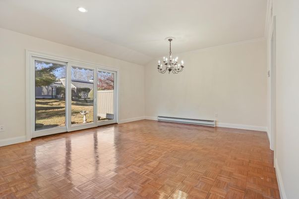 Chandelier, Empty room, Interior, Recessed Lighting, Wood Texture Flooring