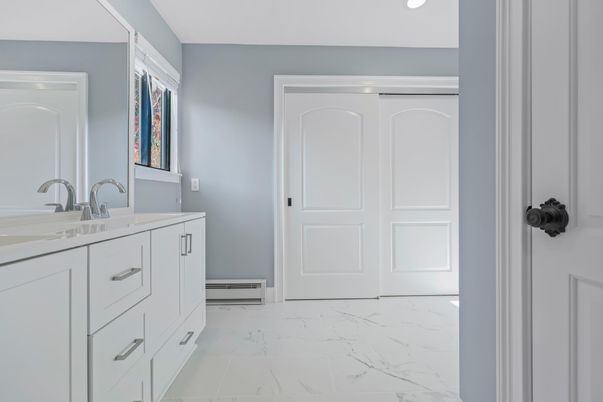 Bathroom, Dual Sink Vanities, Interior, Marble, Recessed Lighting