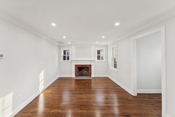 Empty room, Fireplace, Interior, Recessed Lighting, Wood Texture Flooring