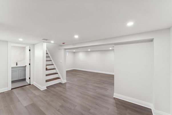 Empty room, Interior, Marble Walls, Recessed Lighting, Wood Texture Flooring