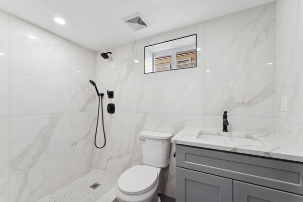Bathroom, Glass Shower, Interior, Marble Walls, Recessed Lighting