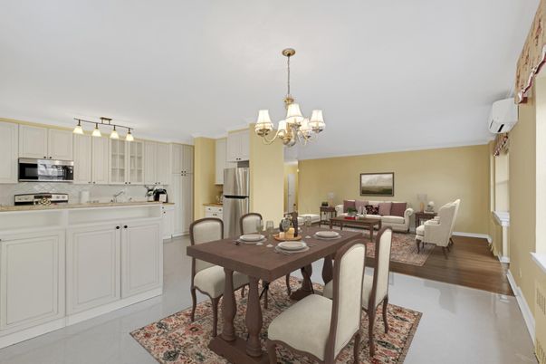 Chandelier, Dining room, Interior, Kitchen, Living room, Stainless Steel Appliances, Wood Texture Flooring