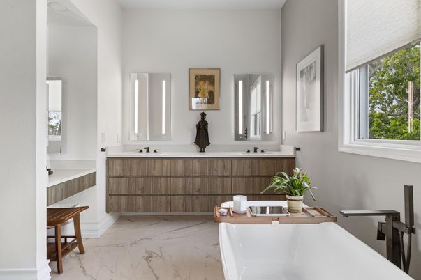 Bathroom, Dual Sink Vanities, Free Standing Baths, Interior, Marble