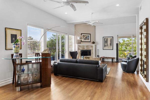 Fireplace, Interior, Living room, Recessed Lighting, Wood Texture Flooring