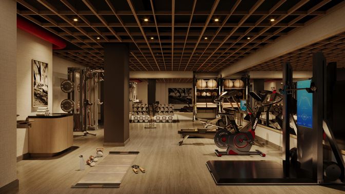 Fitness Equipment, Gym, Interior, Recessed Lighting, Wood Texture Flooring