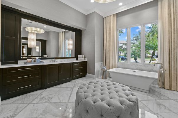 Bathroom, Chandelier, Dual Sink Vanities, Free Standing Baths, Interior, Marble, Pendant Lights, Recessed Lighting