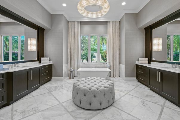 Bathroom, Dual Sink Vanities, Free Standing Baths, Interior, Marble, Pendant Lights, Recessed Lighting