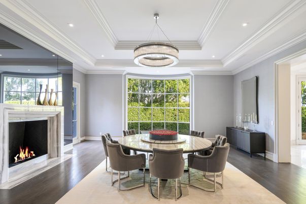 Chandelier, Dining room, Fireplace, Interior, Pendant Lights, Recessed Lighting, Wood Texture Flooring