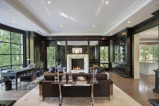 Dining room, Fireplace, Interior, Living room, Recessed Lighting, Wood Texture Flooring
