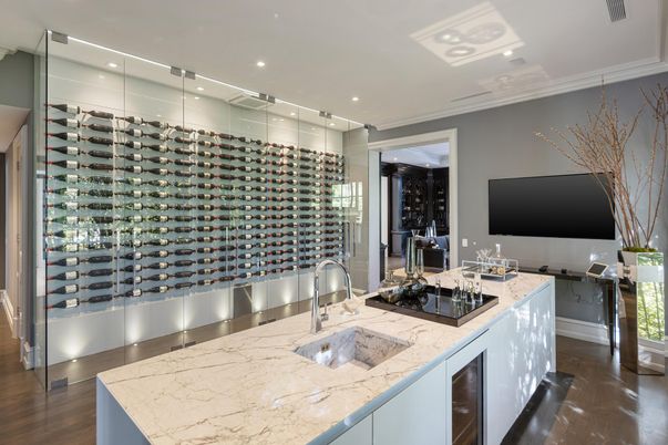 Interior, Kitchen, Recessed Lighting, Wine Storage, Wood Texture Flooring