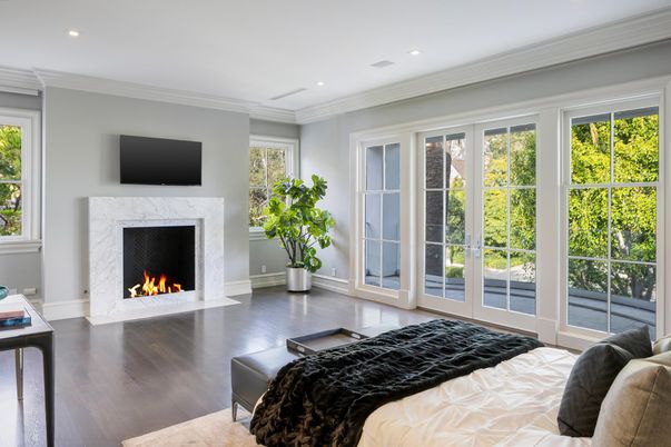 Bedroom, Fireplace, Interior, Recessed Lighting, Wood Texture Flooring